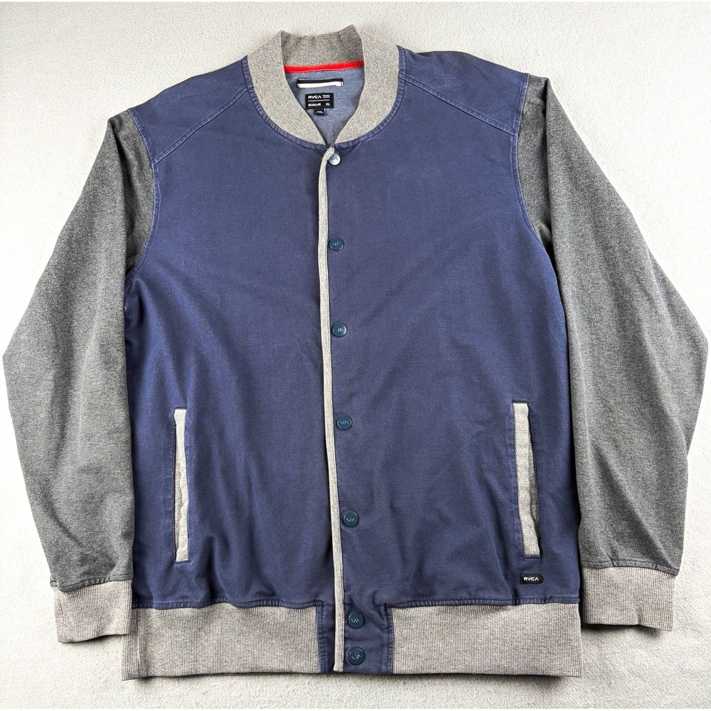 RVCA Varsity Jacket Blue Gray Button Front Logo Pockets Men's XL Regular